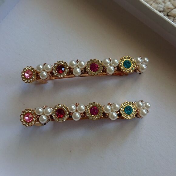 Pearl And colorful Rhinestone Embellished Bridal hair clips - Picture 1 of 7